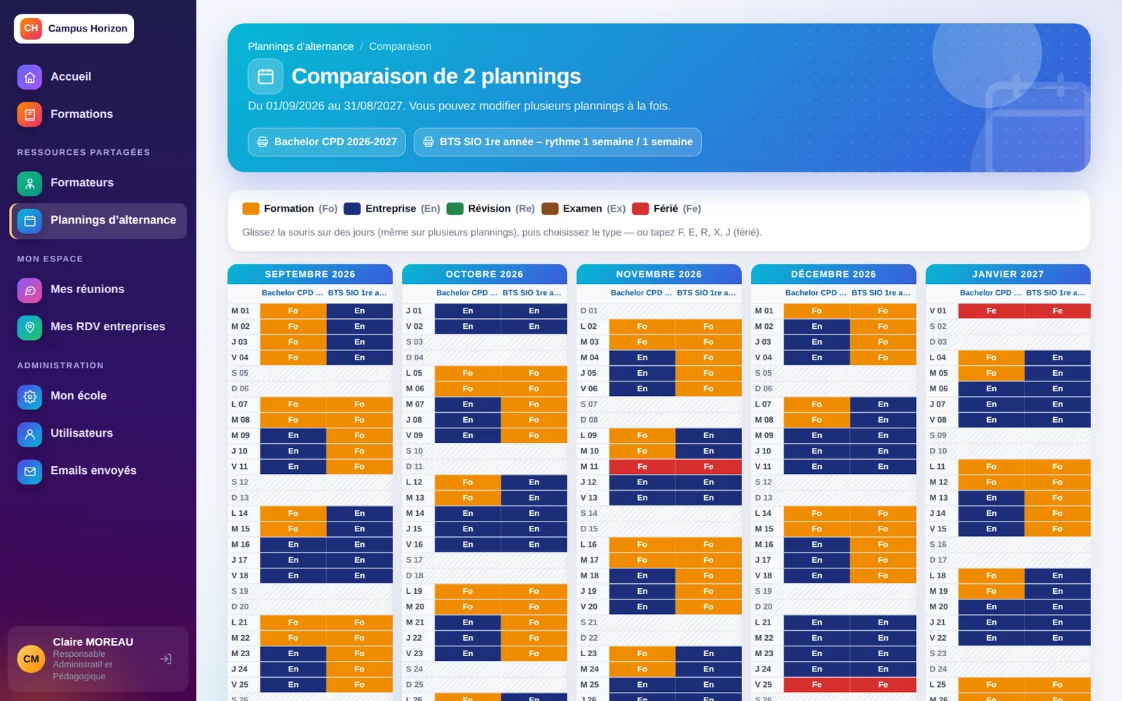 Comparaison de deux plannings d’alternance.