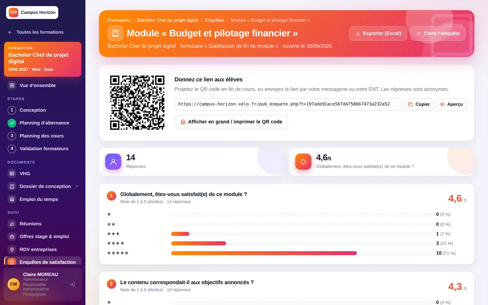 Une enquête de fin de module : QR code et résultats.